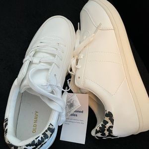 Womens Old Navy White Sneakers with Leopard Print on the heels